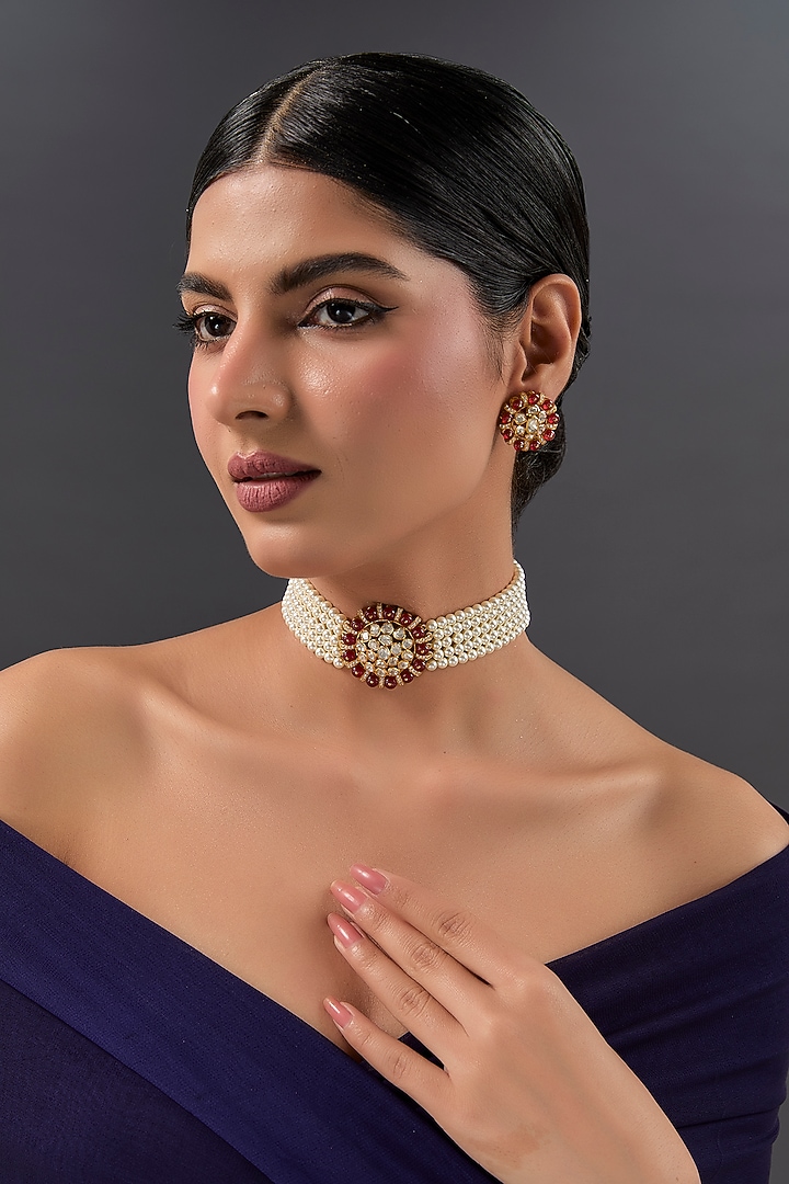 Yellow Gold Finish Moissanite Polki & Ruby Choker Necklace Set In Sterling Silver by STELLA CREATIONS at Pernia's Pop Up Shop