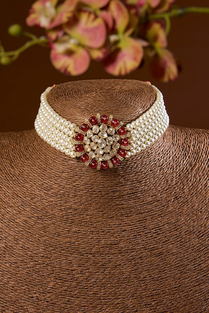 Yellow Gold Finish Moissanite Polki & Ruby Choker Necklace Set In Sterling Silver by STELLA CREATIONS at Pernia's Pop Up Shop