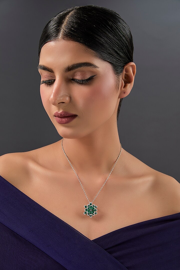 White Gold Finish Eurostar & Emerald Pendant Cum Brooch In Sterling Silver by STELLA CREATIONS at Pernia's Pop Up Shop