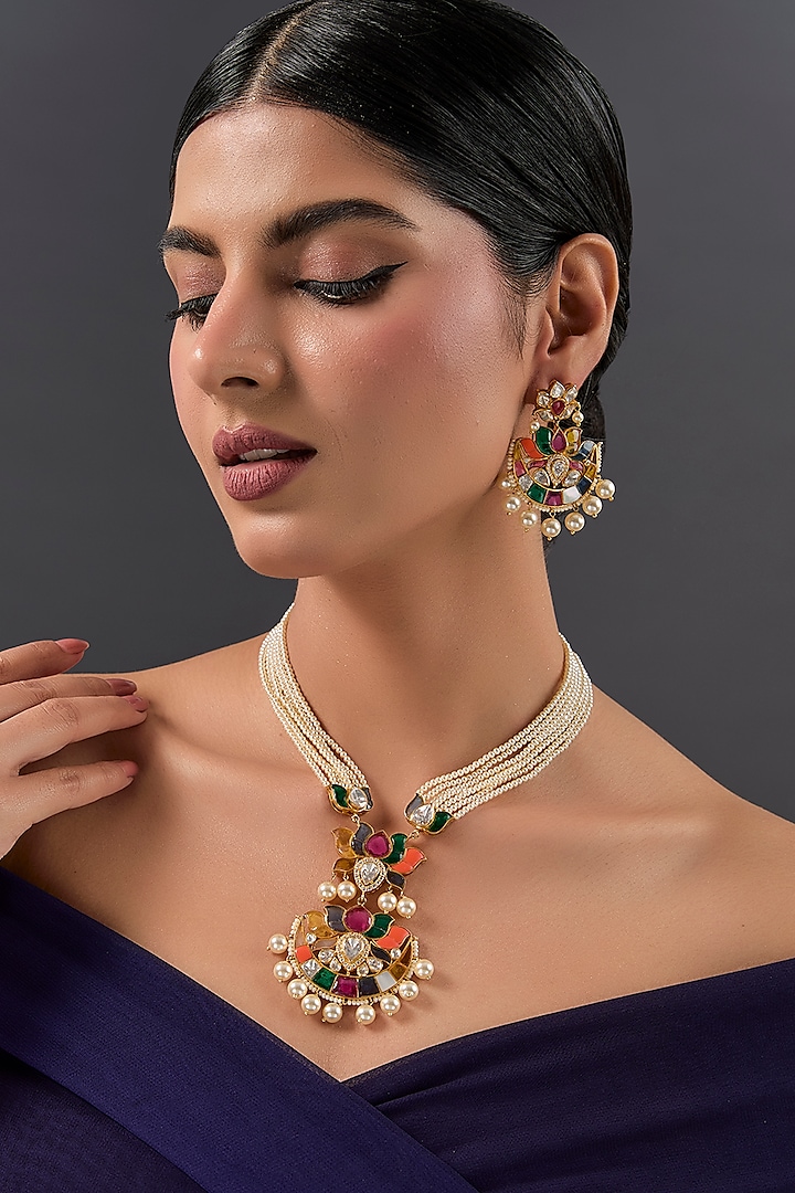 Gold Finish Kundan Polki & Freshwater Pearl Choker Necklace Set In Sterling Silver by STELLA CREATIONS at Pernia's Pop Up Shop