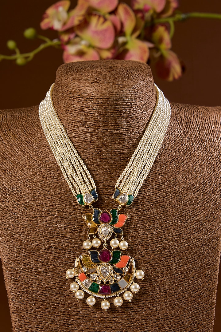 Gold Finish Kundan Polki & Freshwater Pearl Choker Necklace Set In Sterling Silver by STELLA CREATIONS at Pernia's Pop Up Shop