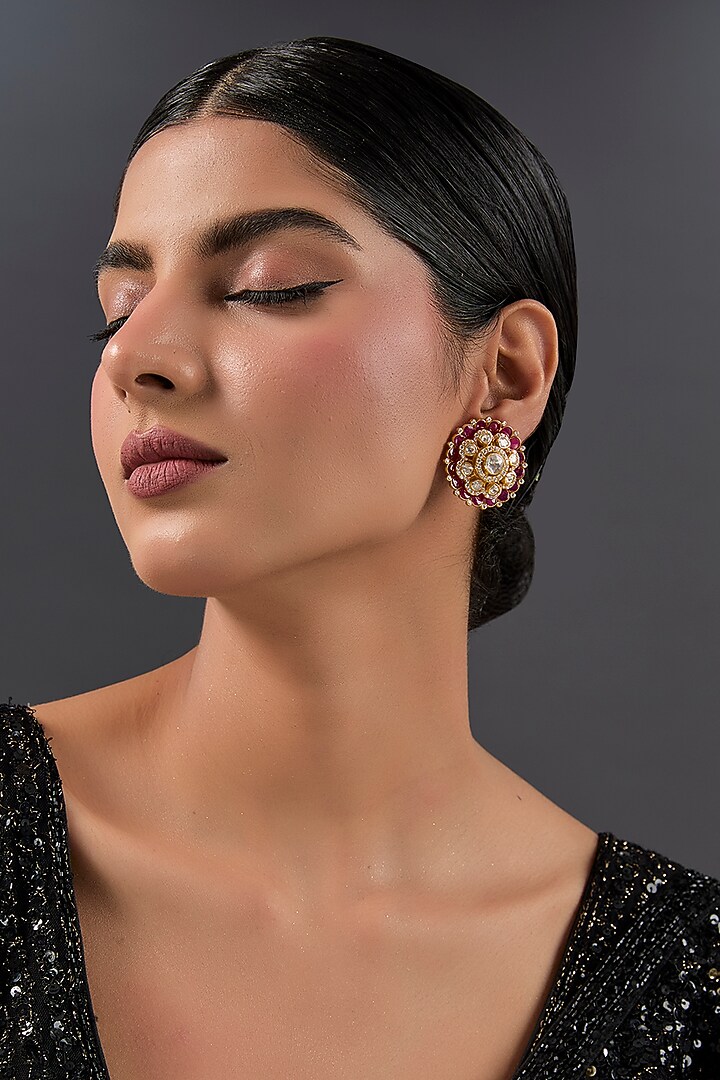 Gold Finish Ruby Stone & Kundan Polki Stud Earrings In Sterling Silver by STELLA CREATIONS at Pernia's Pop Up Shop