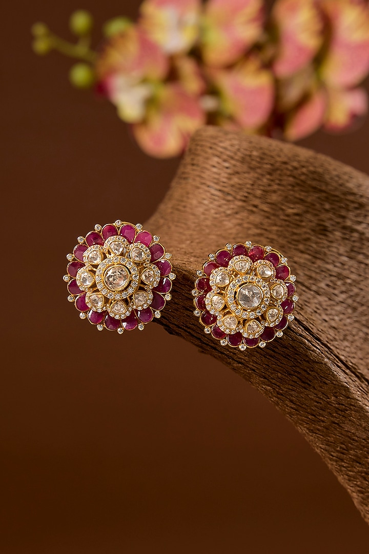Gold Finish Ruby Stone & Kundan Polki Stud Earrings In Sterling Silver by STELLA CREATIONS at Pernia's Pop Up Shop