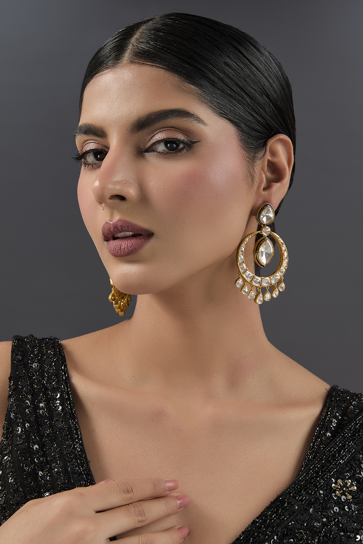 Gold Finish Kundan Polki Chandbali Earrings In Sterling Silver by STELLA CREATIONS at Pernia's Pop Up Shop