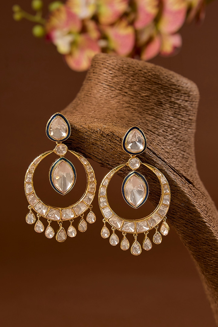 Gold Finish Kundan Polki Chandbali Earrings In Sterling Silver by STELLA CREATIONS at Pernia's Pop Up Shop