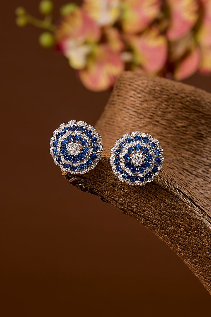 White Finish Blue Sapphire Stone & Zircon Stud Earrings In Sterling Silver by STELLA CREATIONS at Pernia's Pop Up Shop