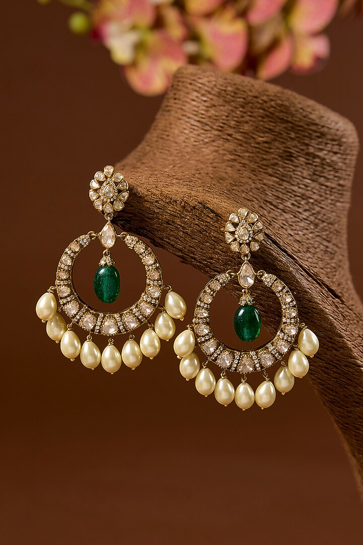 Black Rhodium Finish Kundan Polki & Pearl Chandbali Earrings In Sterling Silver by STELLA CREATIONS at Pernia's Pop Up Shop