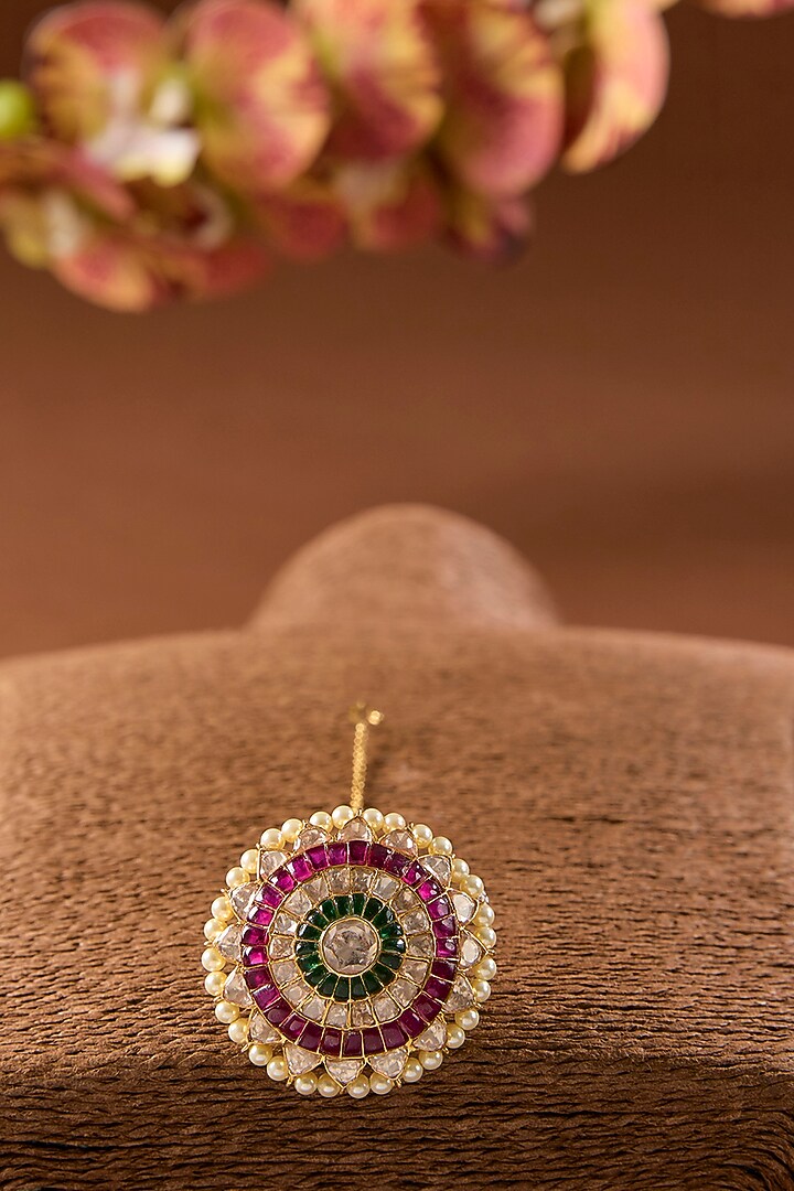 Gold Finish Kundan Polki & Emerald Stone Maangtikka In Sterling Silver by STELLA CREATIONS at Pernia's Pop Up Shop