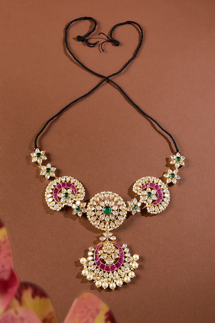 Gold Finish Kundan Polki & Ruby Stone Mathapatti In Sterling Silver by STELLA CREATIONS at Pernia's Pop Up Shop