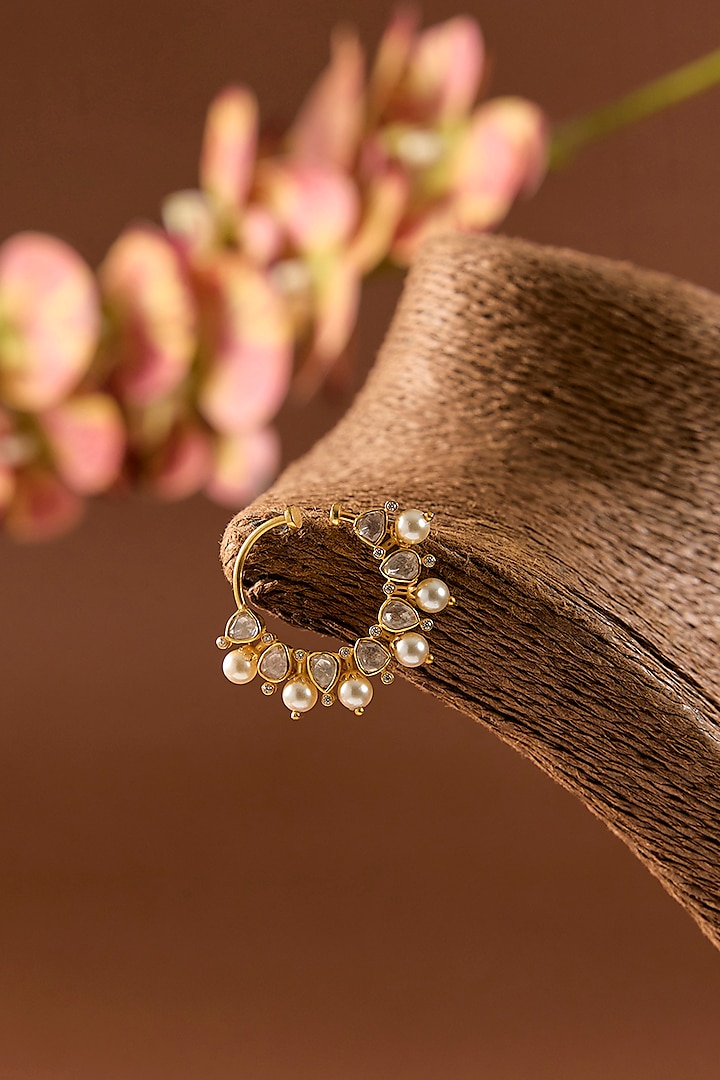 Gold Finish Kundan Polki & Freshwater Pearl Nose Ring In Sterling Silver by STELLA CREATIONS at Pernia's Pop Up Shop