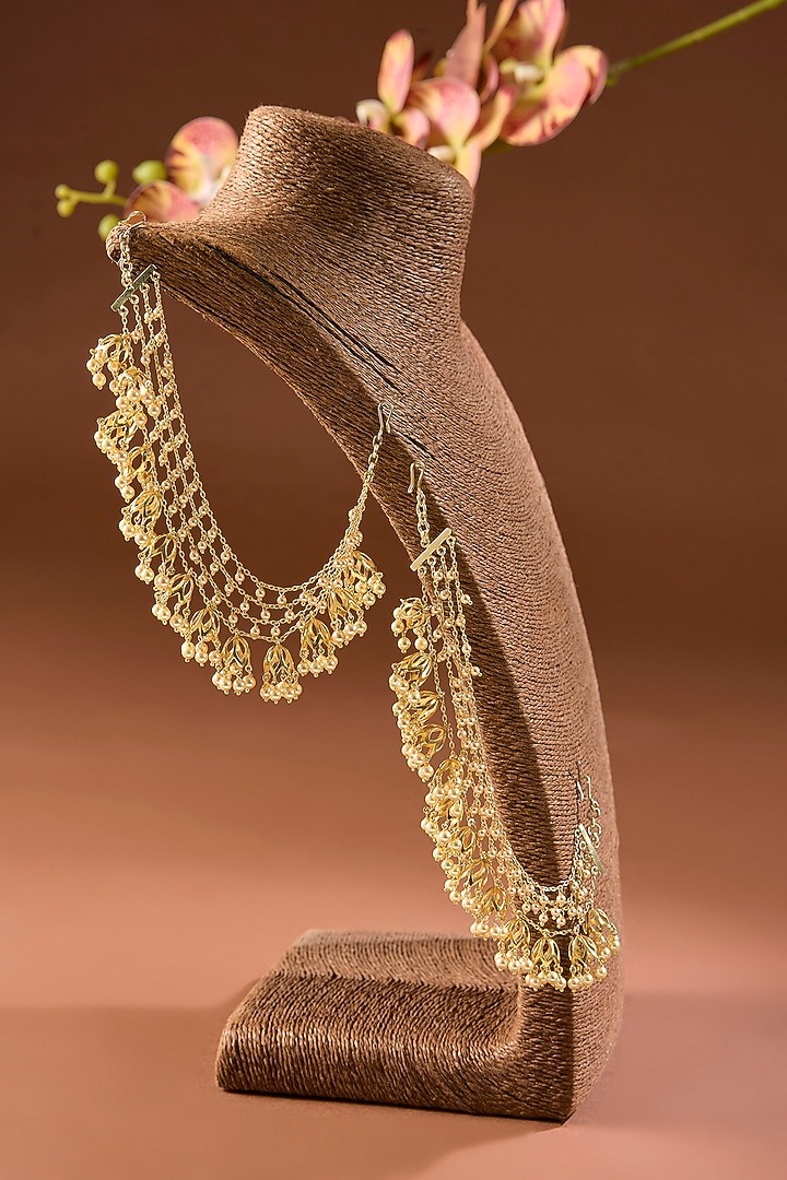 Yellow Gold Finish Moissanite Polki Pearl Ear Chains In Sterling Silver by STELLA CREATIONS at Pernia's Pop Up Shop