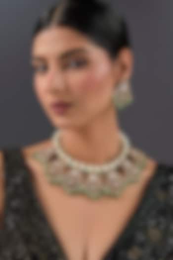 Gold Finish Kundan Polki & Emerald Stone Necklace Set In Sterling Silver by STELLA CREATIONS at Pernia's Pop Up Shop