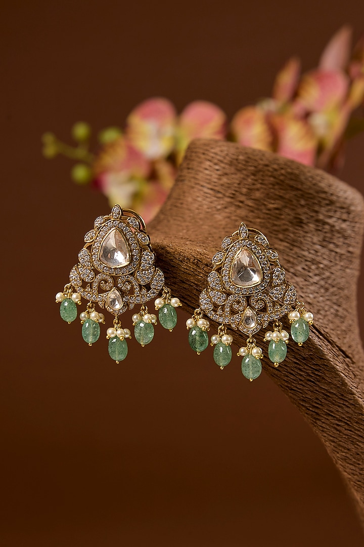 Gold Finish Kundan Polki & Emerald Stone Necklace Set In Sterling Silver by STELLA CREATIONS at Pernia's Pop Up Shop