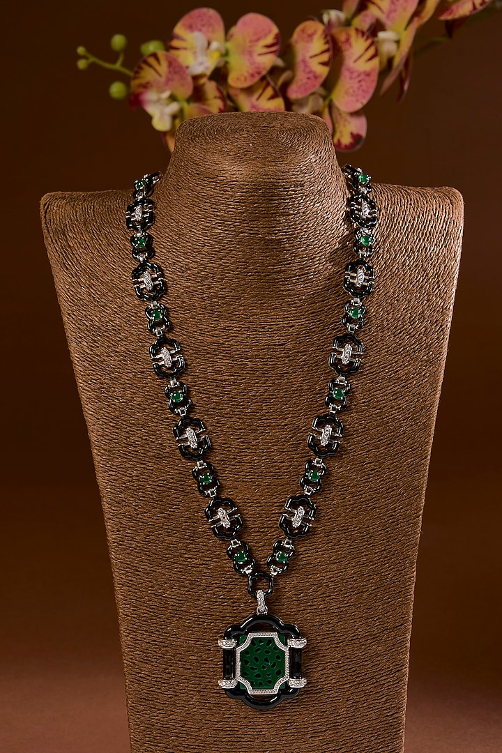 White Finish Emerald Stone Enameled Long Necklace Set In Sterling Silver by STELLA CREATIONS at Pernia's Pop Up Shop