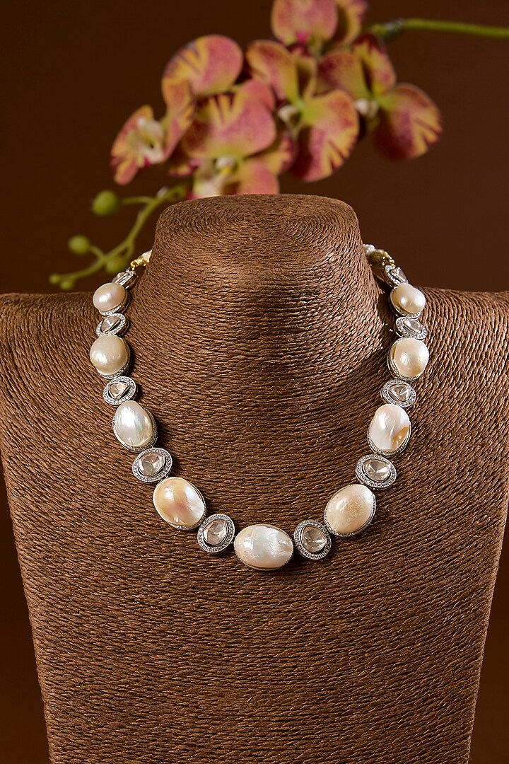 White Finish Freshwater Pearl Necklace Set In Sterling Silver by STELLA CREATIONS at Pernia's Pop Up Shop
