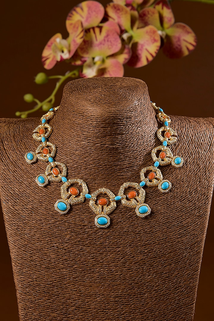 Gold Finish Coral & Turquoise Stone Necklace Set In Sterling Silver by STELLA CREATIONS at Pernia's Pop Up Shop