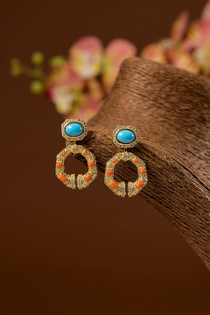 Gold Finish Coral & Turquoise Stone Necklace Set In Sterling Silver by STELLA CREATIONS at Pernia's Pop Up Shop