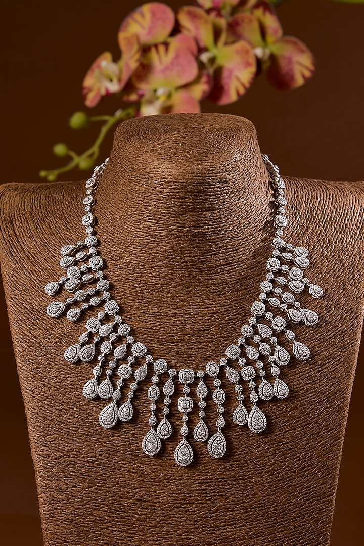 White Finish Zircon Necklace Set In Sterling Silver by STELLA CREATIONS at Pernia's Pop Up Shop