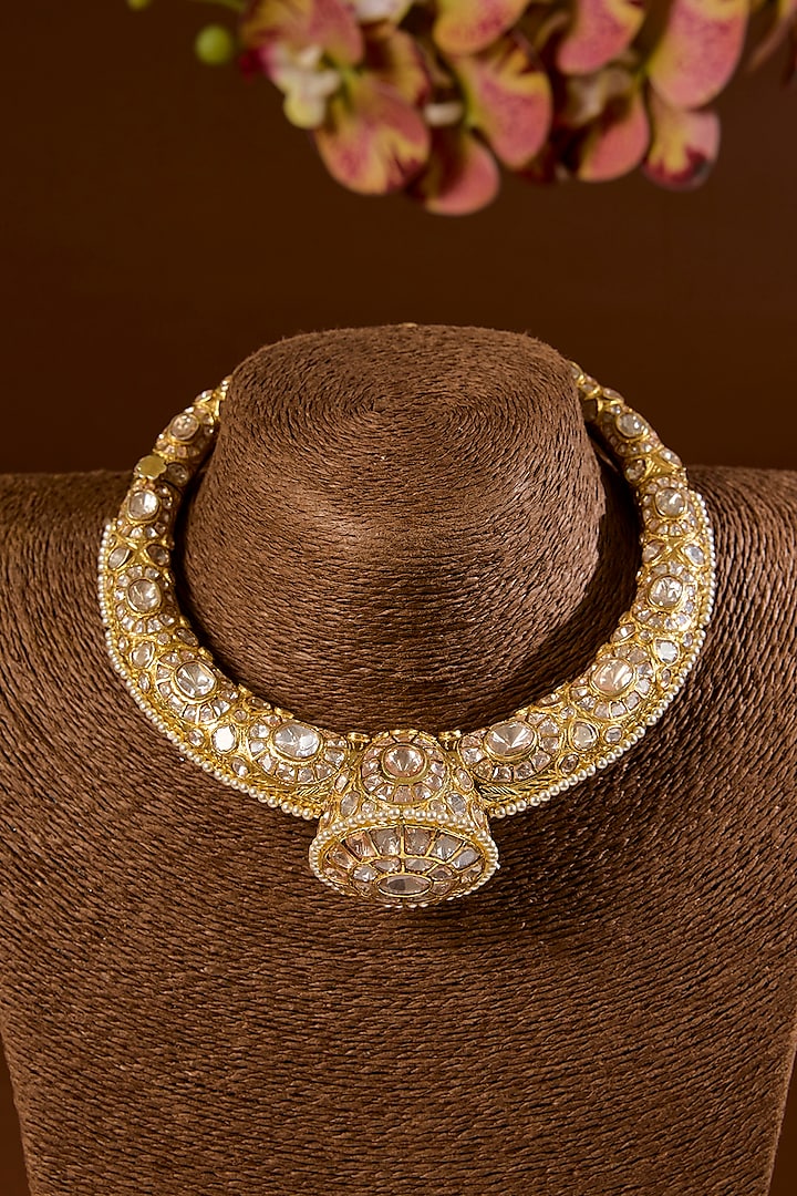Gold Finish Kundan Polki Hasli Necklace Set In Sterling Silver by STELLA CREATIONS at Pernia's Pop Up Shop