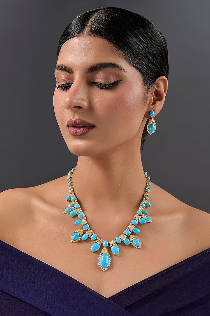 Gold Finish Turquoise Stone Necklace Set In Sterling Silver by STELLA CREATIONS at Pernia's Pop Up Shop