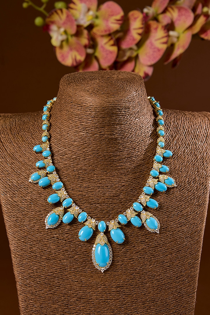 Gold Finish Turquoise Stone Necklace Set In Sterling Silver by STELLA CREATIONS at Pernia's Pop Up Shop