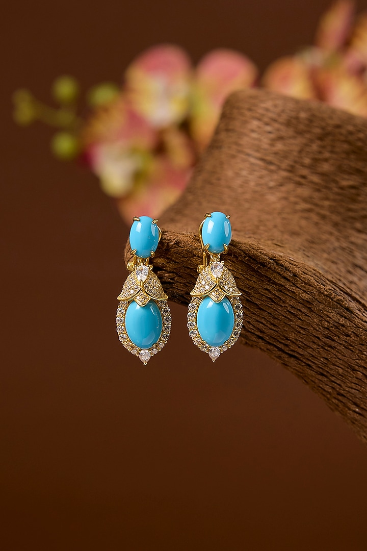 Gold Finish Turquoise Stone Necklace Set In Sterling Silver by STELLA CREATIONS at Pernia's Pop Up Shop