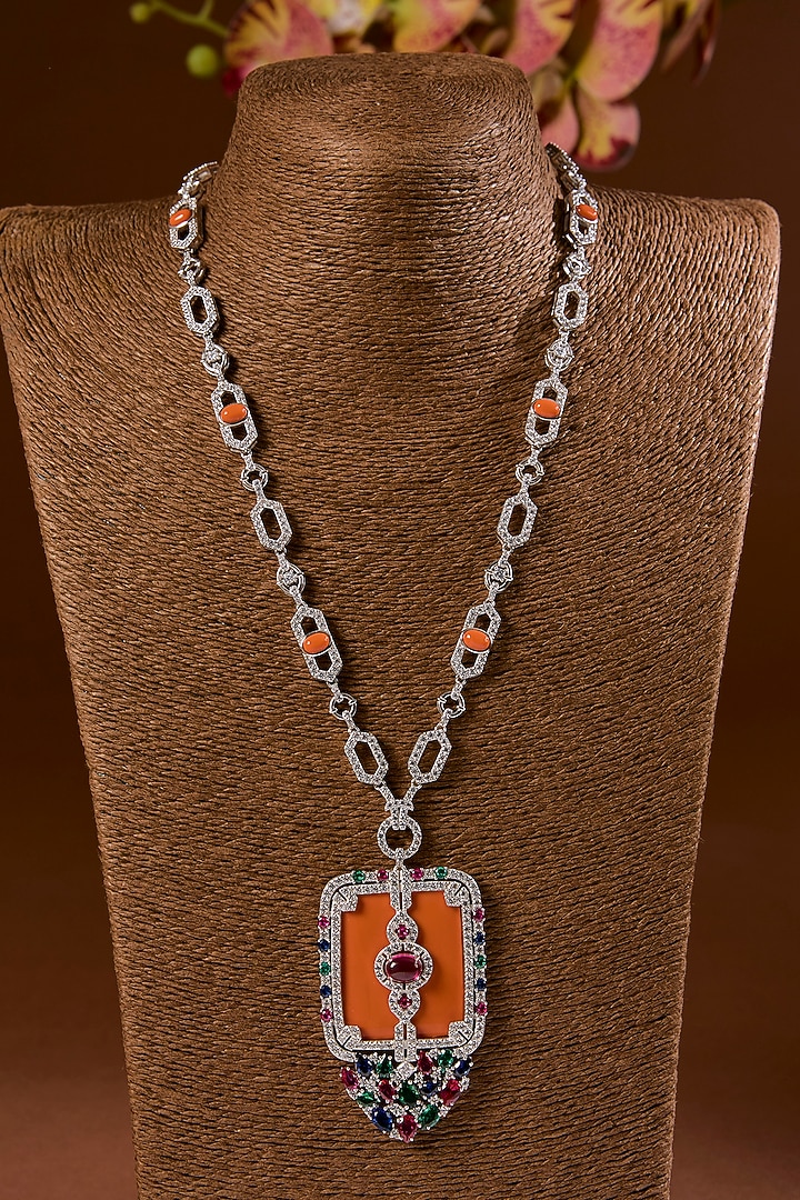 White Finish Ruby & Orange Coral Stone Enameled Long Necklace Set In Sterling Silver by STELLA CREATIONS at Pernia's Pop Up Shop