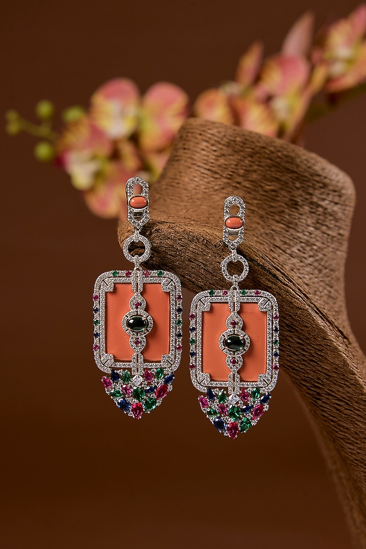 White Finish Ruby & Orange Coral Stone Enameled Long Necklace Set In Sterling Silver by STELLA CREATIONS at Pernia's Pop Up Shop