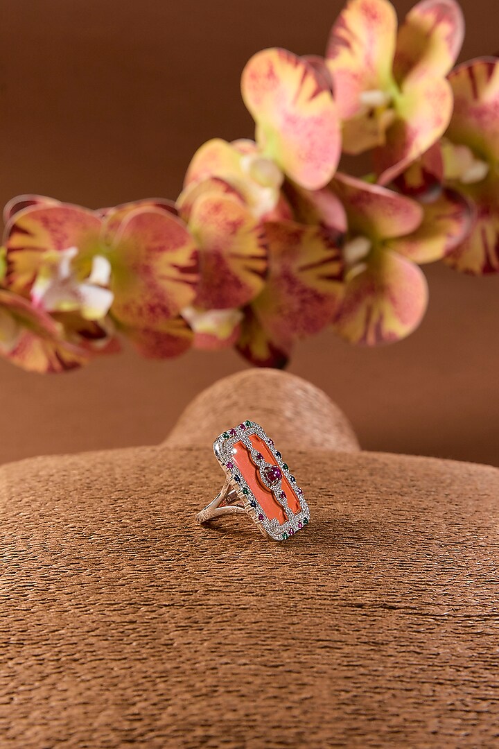 White Finish Ruby & Orange Coral Stone Enameled Long Necklace Set In Sterling Silver by STELLA CREATIONS at Pernia's Pop Up Shop