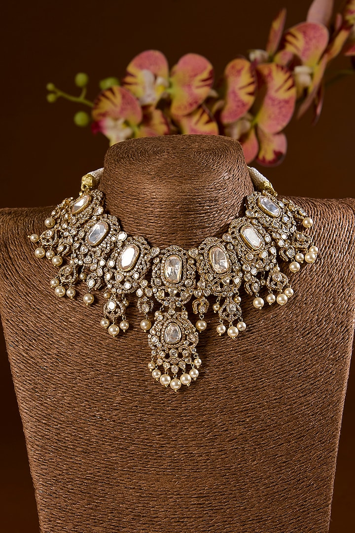 Black Rhodium Finish Kundan Polki & Freshwater Pearl Choker Necklace Set In Sterling Silver by STELLA CREATIONS at Pernia's Pop Up Shop
