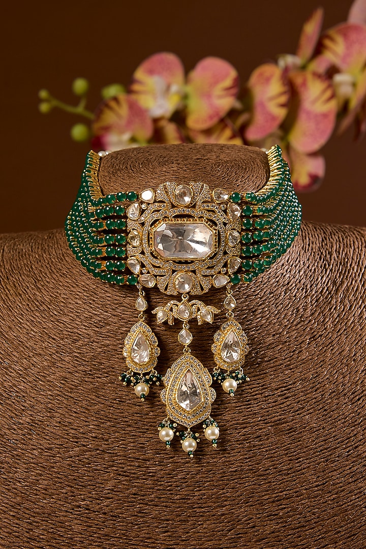 Gold Finish Kundan Polki & Emerald Stone Choker Necklace Set In Sterling Silver by STELLA CREATIONS at Pernia's Pop Up Shop