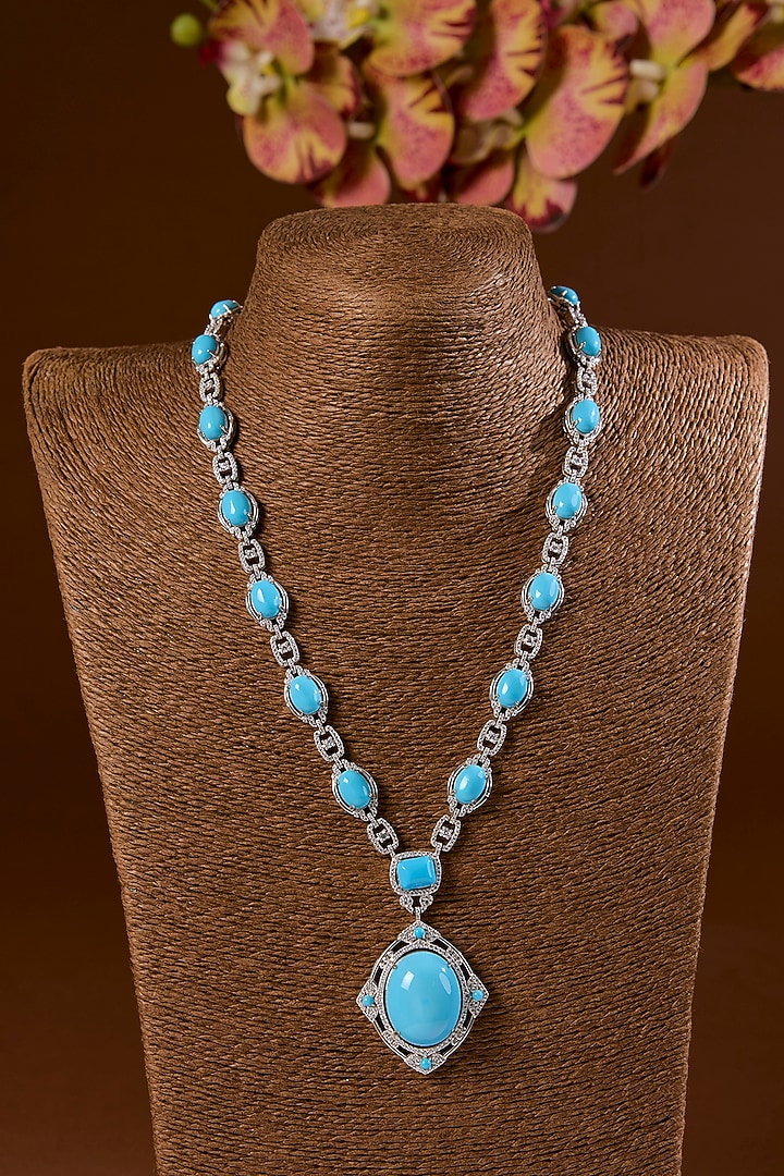 White Finish Turquoise Stone Long Necklace Set In Sterling Silver by STELLA CREATIONS at Pernia's Pop Up Shop
