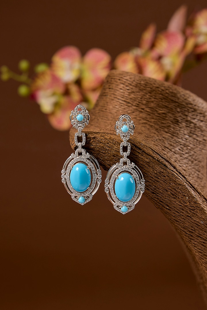 White Finish Turquoise Stone Long Necklace Set In Sterling Silver by STELLA CREATIONS at Pernia's Pop Up Shop