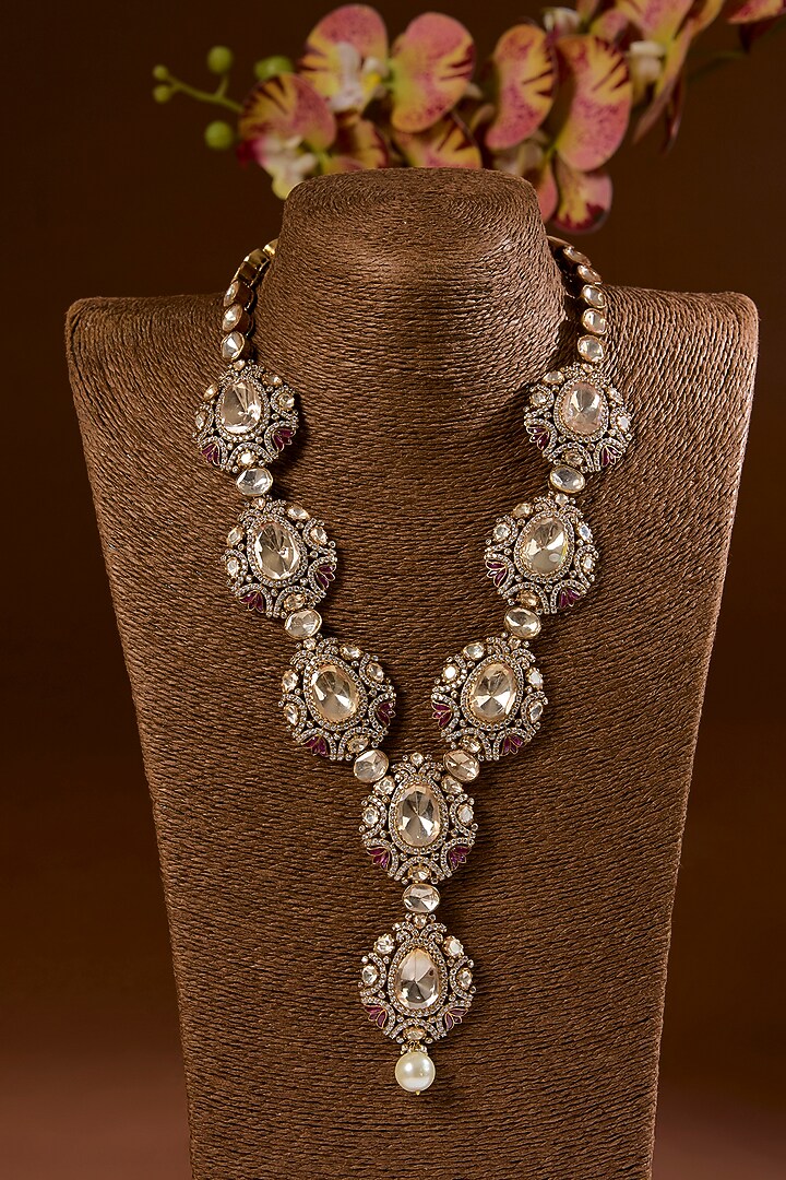 Black Rhodium Finish Kundan Polki & Ruby Stone Long Necklace Set In Sterling Silver by STELLA CREATIONS at Pernia's Pop Up Shop