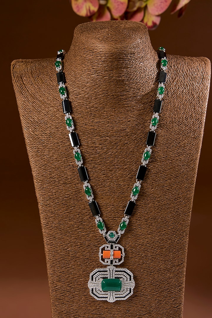 White Finish Emerald Stone Enameled Long Necklace Set In Sterling Silver by STELLA CREATIONS at Pernia's Pop Up Shop