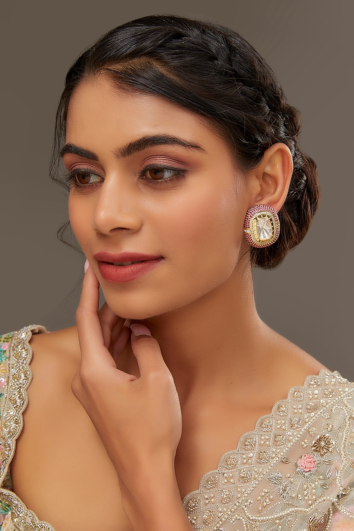 Gold Finish Moissanite Polki & Synthetic Ruby Stud Earrings In Sterling Silver by STELLA CREATIONS at Pernia's Pop Up Shop
