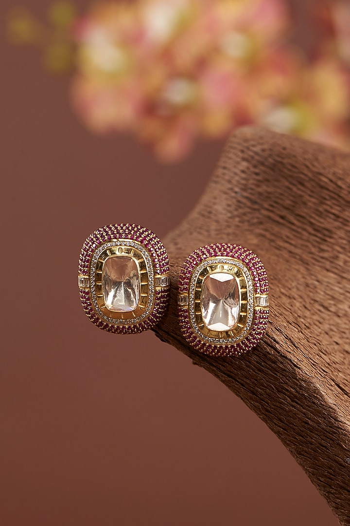 Gold Finish Moissanite Polki & Synthetic Ruby Stud Earrings In Sterling Silver by STELLA CREATIONS at Pernia's Pop Up Shop