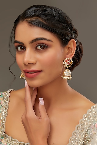 Gold Finish Moissanite Polki & Synthetic Navratna Stone Dangler Earrings In Sterling Silver by STELLA CREATIONS