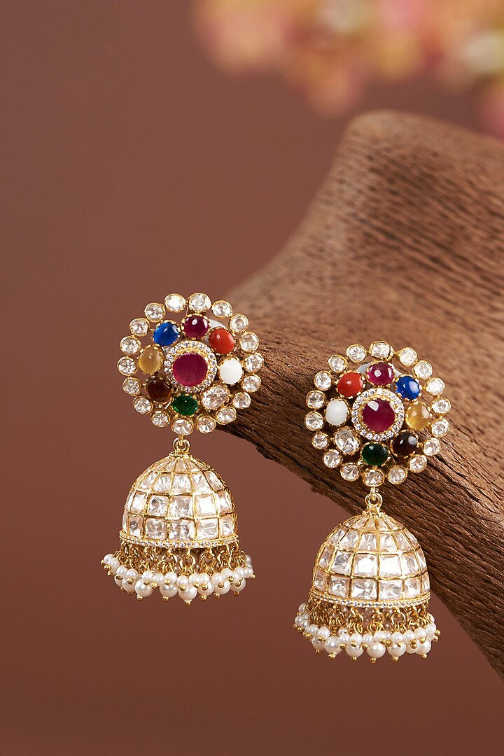 Gold Finish Moissanite Polki & Synthetic Navratna Stone Dangler Earrings In Sterling Silver by STELLA CREATIONS at Pernia's Pop Up Shop
