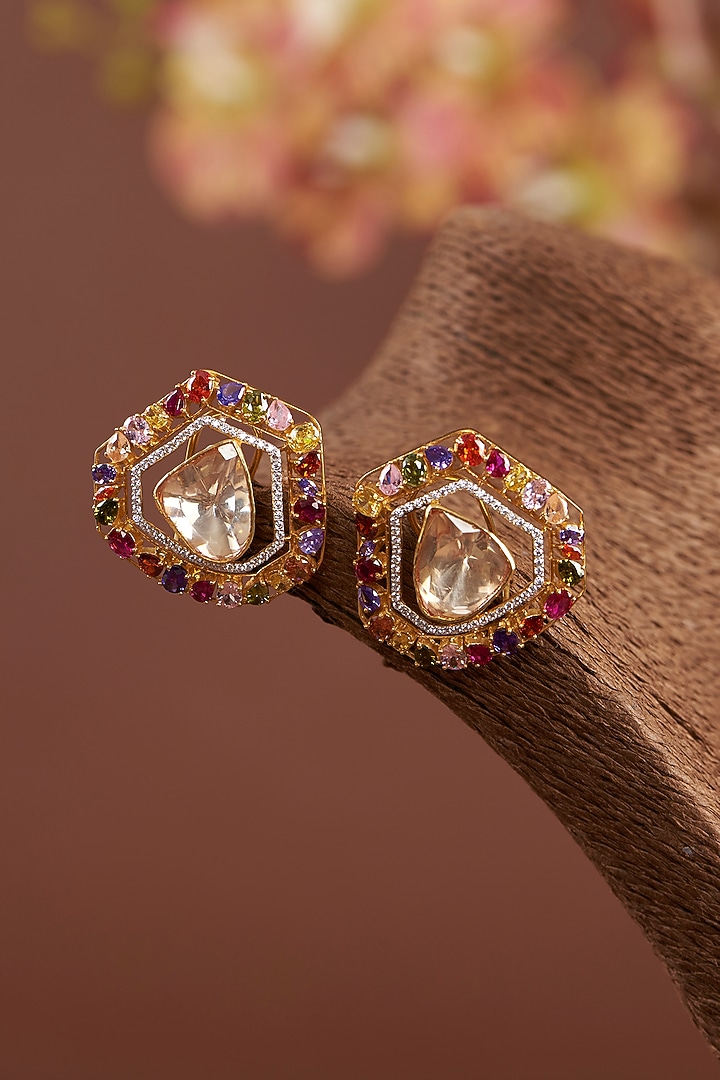 Gold Finish Moissanite Polki & Synthetic Multi-Colored Stone Stud Earrings In Sterling Silver by STELLA CREATIONS at Pernia's Pop Up Shop