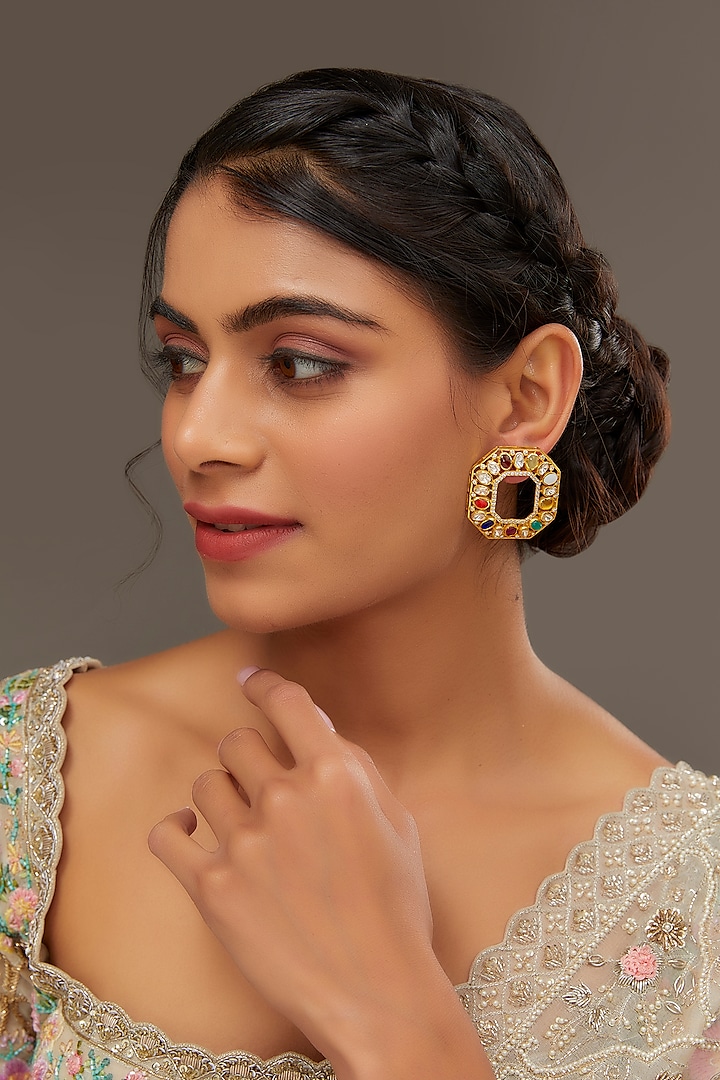 Gold Finish Moissanite Polki & Synthetic Navratna Stone Stud Earrings In Sterling Silver by STELLA CREATIONS at Pernia's Pop Up Shop