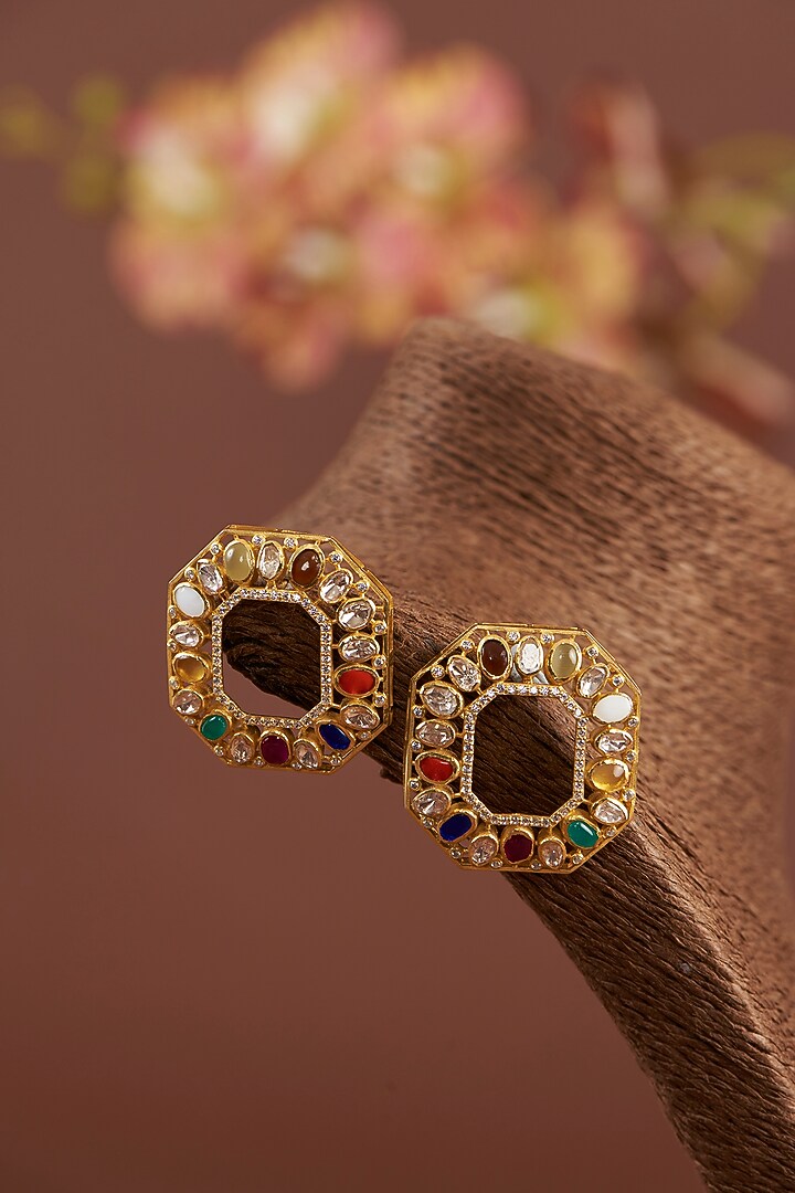 Gold Finish Moissanite Polki & Synthetic Navratna Stone Stud Earrings In Sterling Silver by STELLA CREATIONS at Pernia's Pop Up Shop
