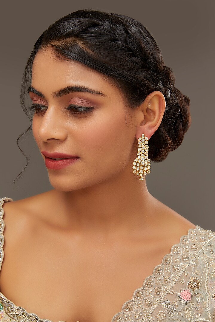 Gold Finish Moissanite Polki Dangler Earrings In Sterling Silver by STELLA CREATIONS at Pernia's Pop Up Shop