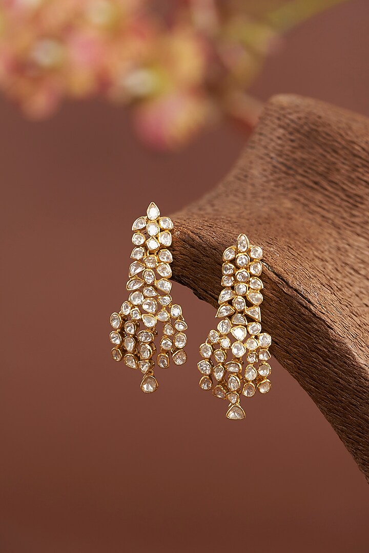 Gold Finish Moissanite Polki Dangler Earrings In Sterling Silver by STELLA CREATIONS at Pernia's Pop Up Shop