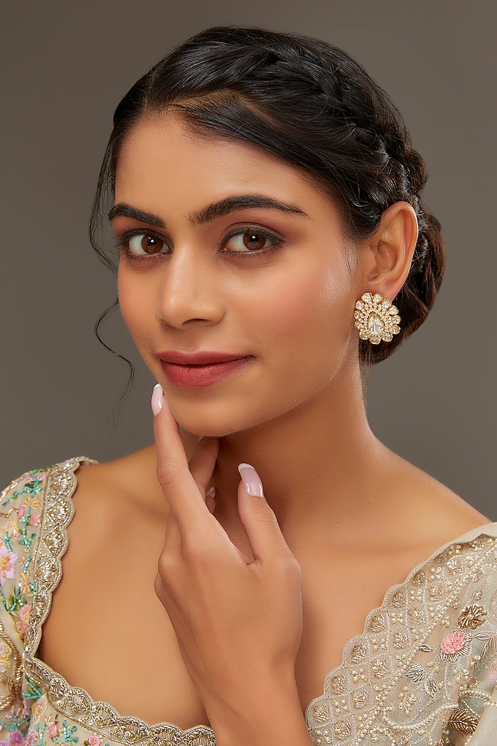 Gold Finish Moissanite Polki Stud Earrings In Sterling Silver by STELLA CREATIONS at Pernia's Pop Up Shop