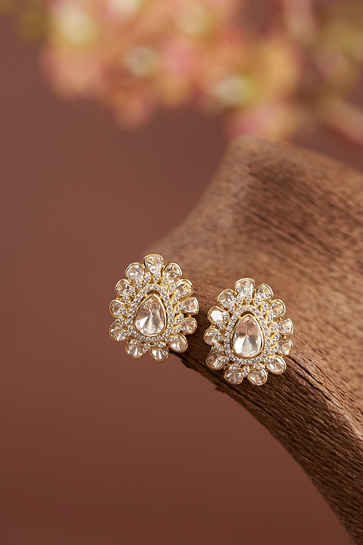 Gold Finish Moissanite Polki Stud Earrings In Sterling Silver by STELLA CREATIONS at Pernia's Pop Up Shop