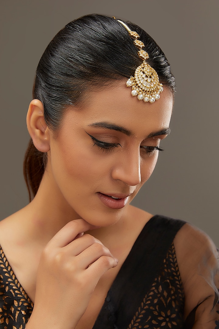 Gold Finish Moissanite Polki & Freshwater Pearl Maangtikka In Sterling Silver by STELLA CREATIONS at Pernia's Pop Up Shop