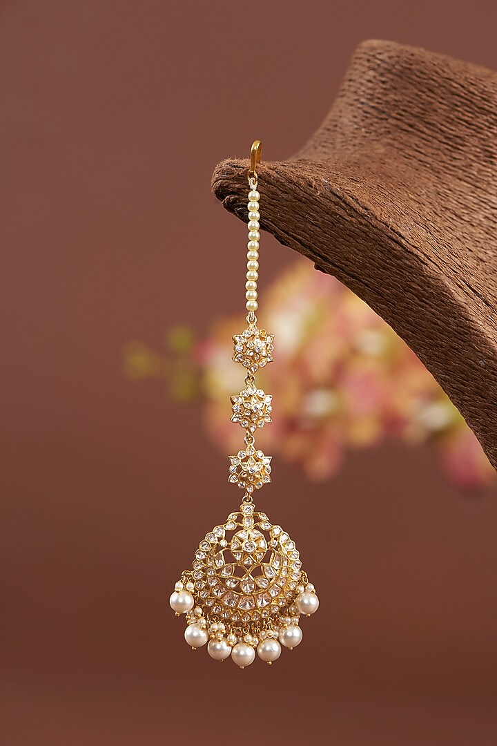 Gold Finish Moissanite Polki & Freshwater Pearl Maangtikka In Sterling Silver by STELLA CREATIONS at Pernia's Pop Up Shop