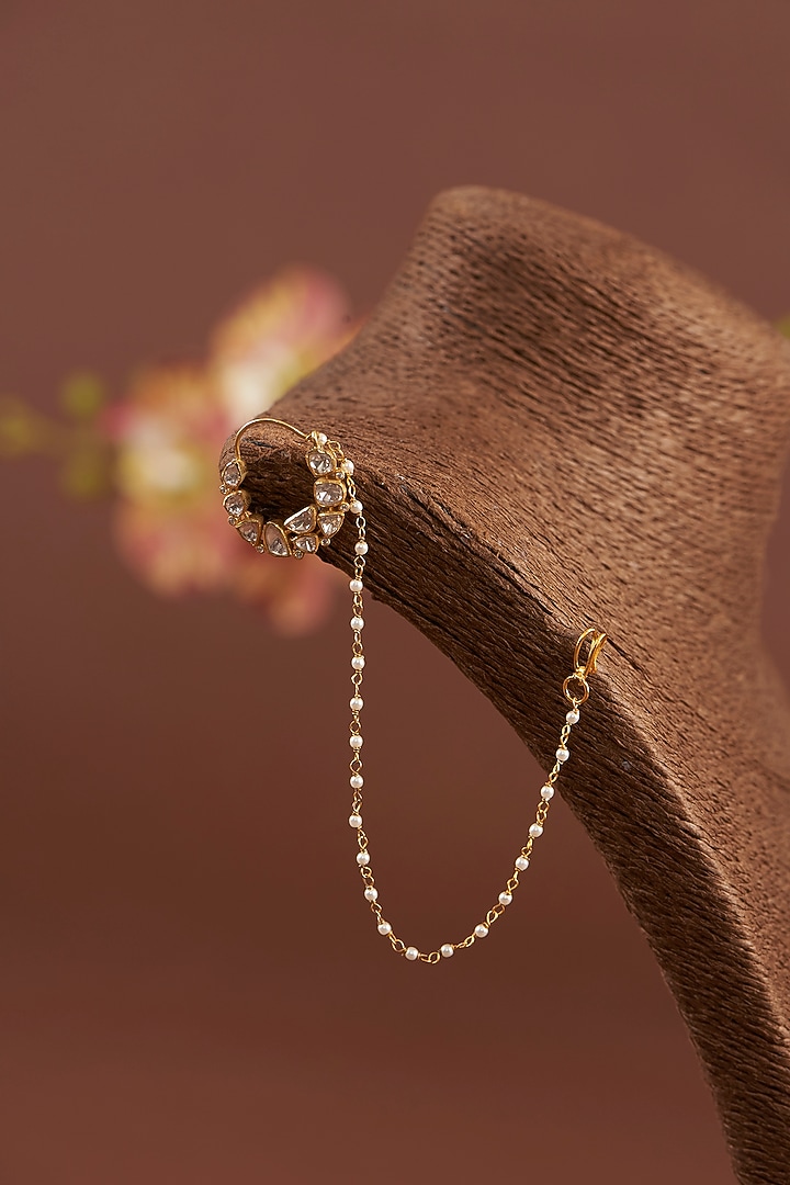 Gold Finish Moissanite Polki & Freshwater Pearl Nosering In Sterling Silver by STELLA CREATIONS at Pernia's Pop Up Shop