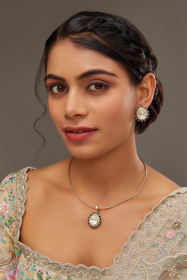 Gold Finish Moissanite Polki Enamelled Pendant Necklace Set In Sterling Silver by STELLA CREATIONS at Pernia's Pop Up Shop